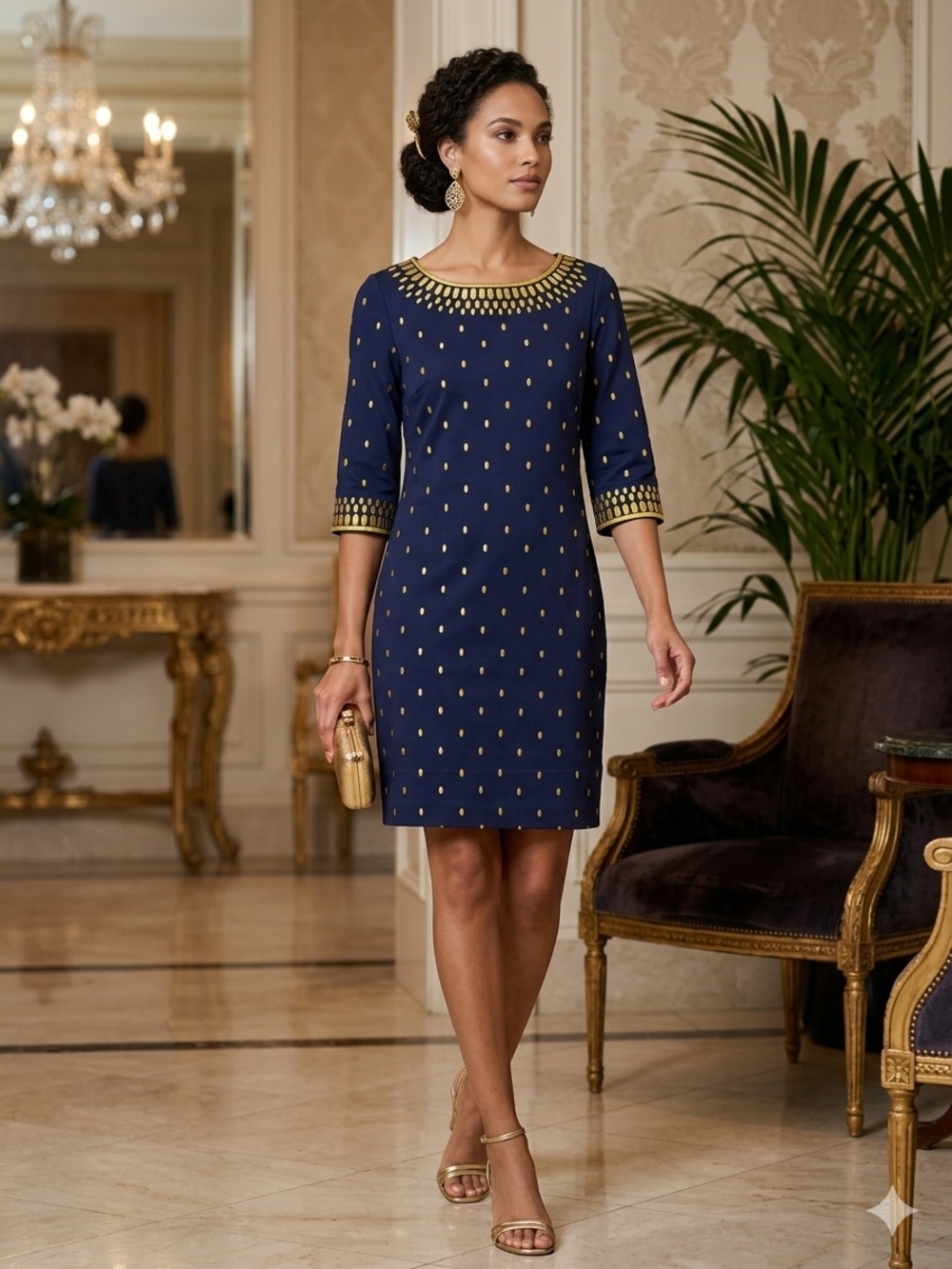 Gretchen Scott Rocket Girl Embroidered Jersey Dress Navy Gold M